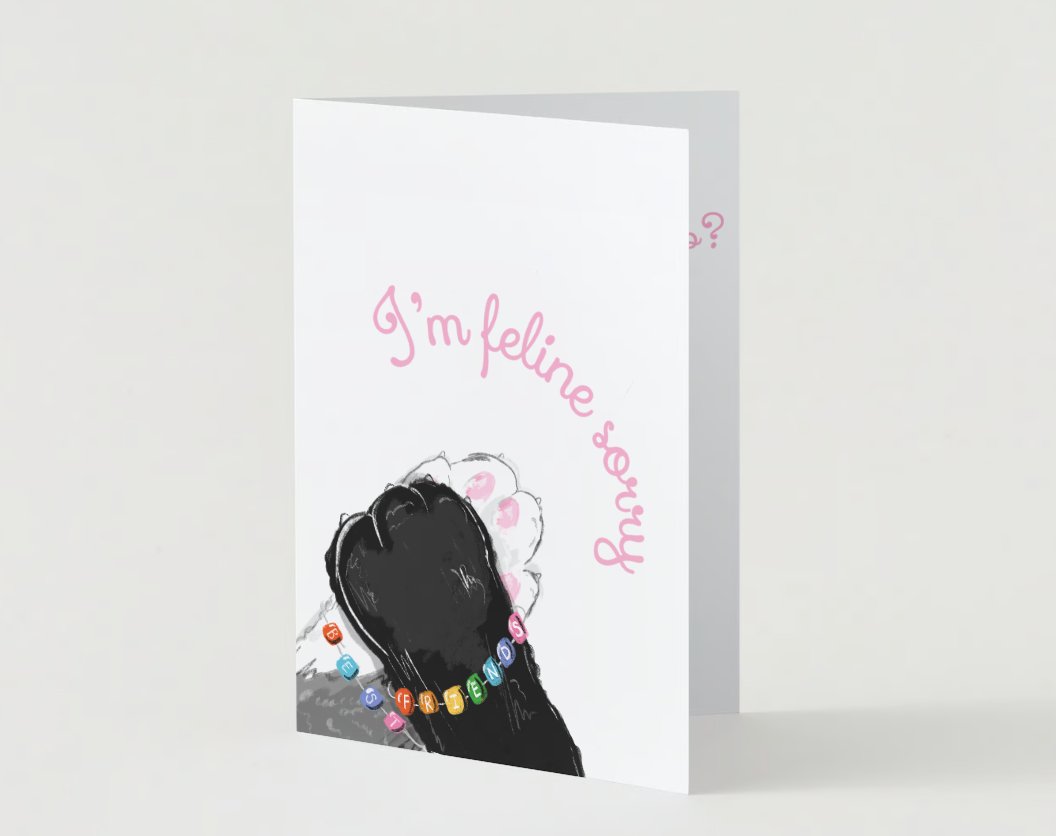 Front of Feline Sorry apology card featuring two cats with beaded necklaces